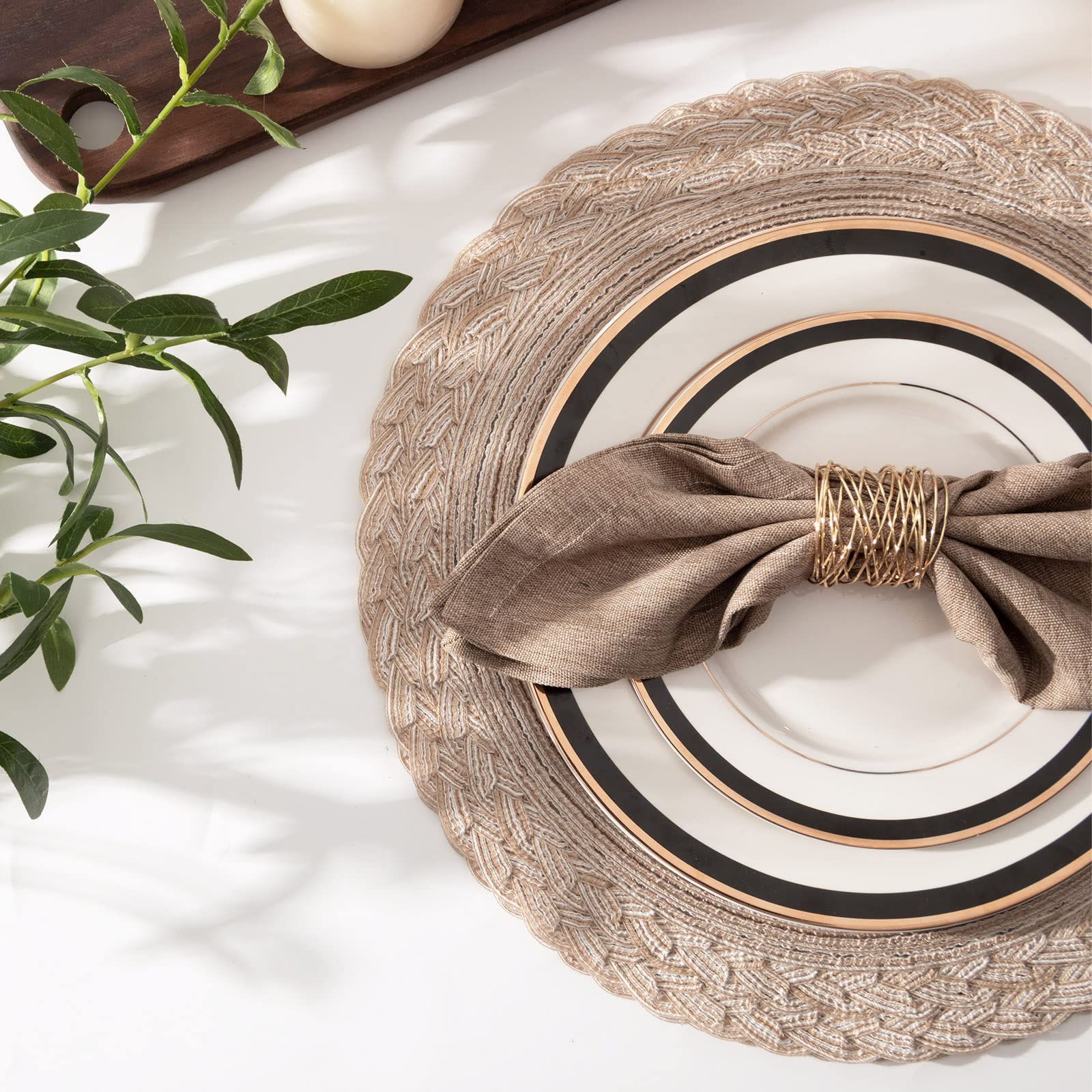 SHACOS 15 inch Round Placemats Set of 6 Boho Woven Braided Border Table Mats Washable Heat Resistant Circle Place Mats for Dining Table, Beige - Image 5