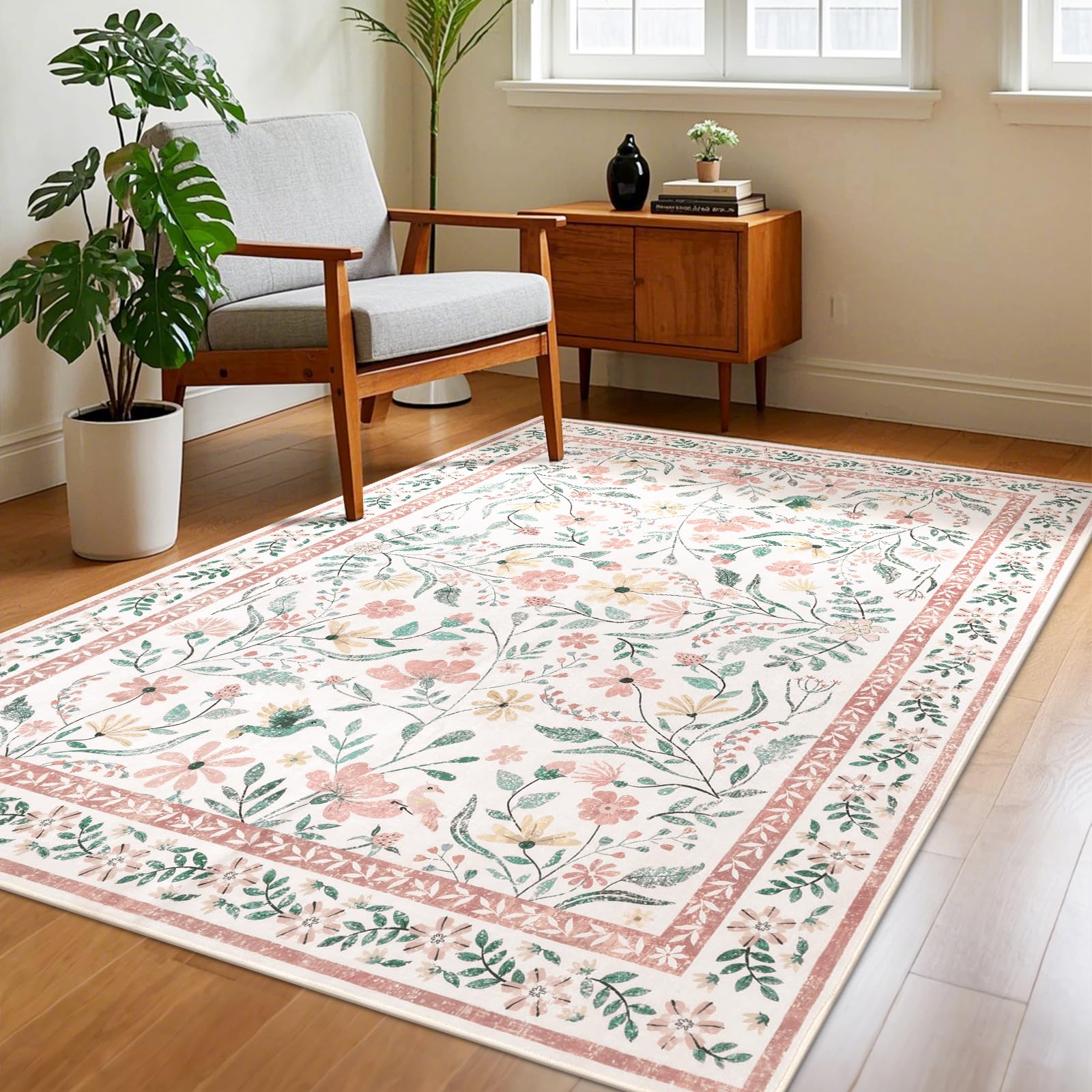 SHACOS 4x6 Boho Area Rugs for Living Room, Machine Washable Floral Carpet for Bedroom Non Slip Soft Nursery Rugs for Kids Room Dining Room Entryway Indoor, Pink - Image 7