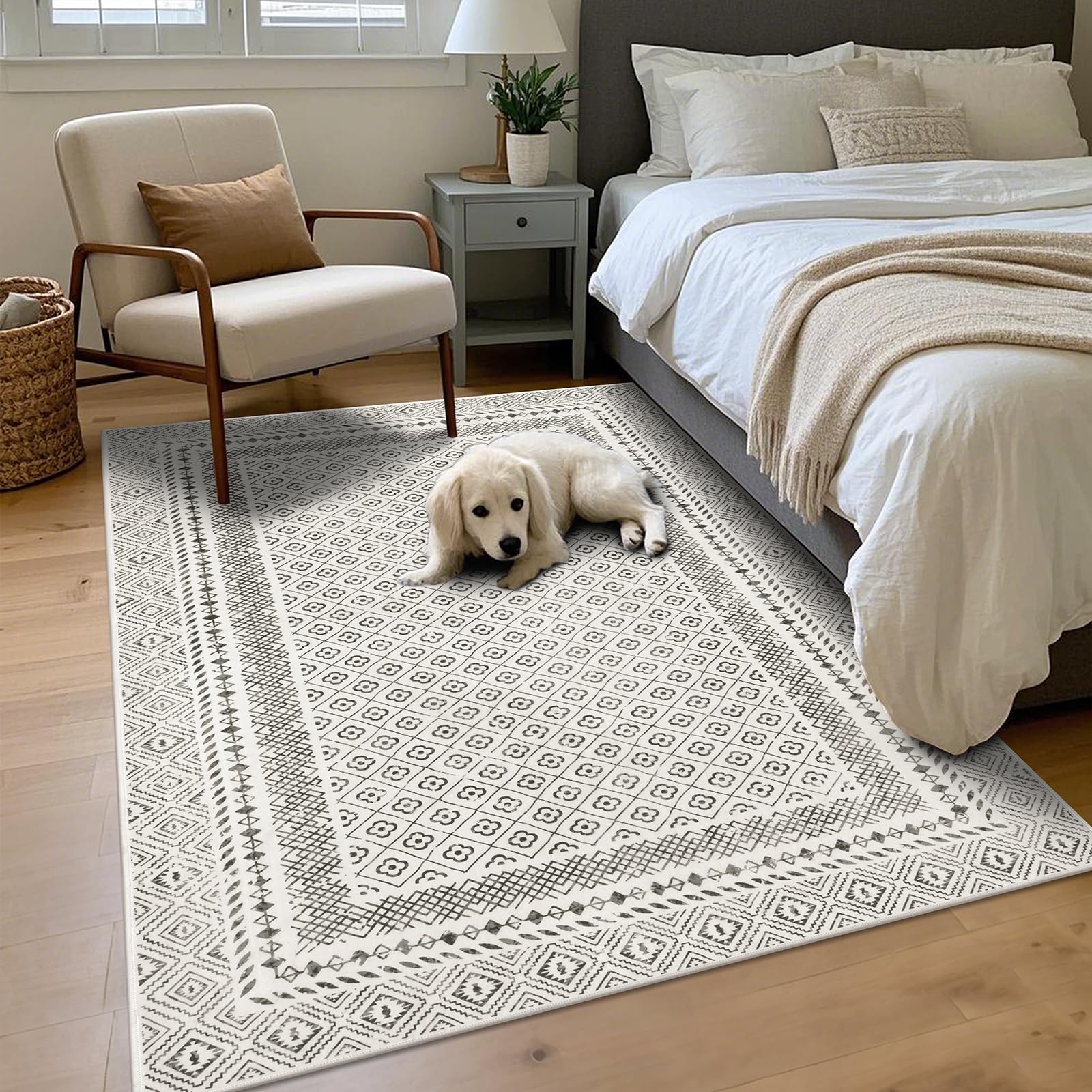 SHACOS 5x7 ft Area Rugs Soft Low Pile Non Slip Washable Rug Floor Mat for Living Room Bedroom Dorm Dining Room, Moroccan Geometric Bordered Rug, Beige Gray - Image 4