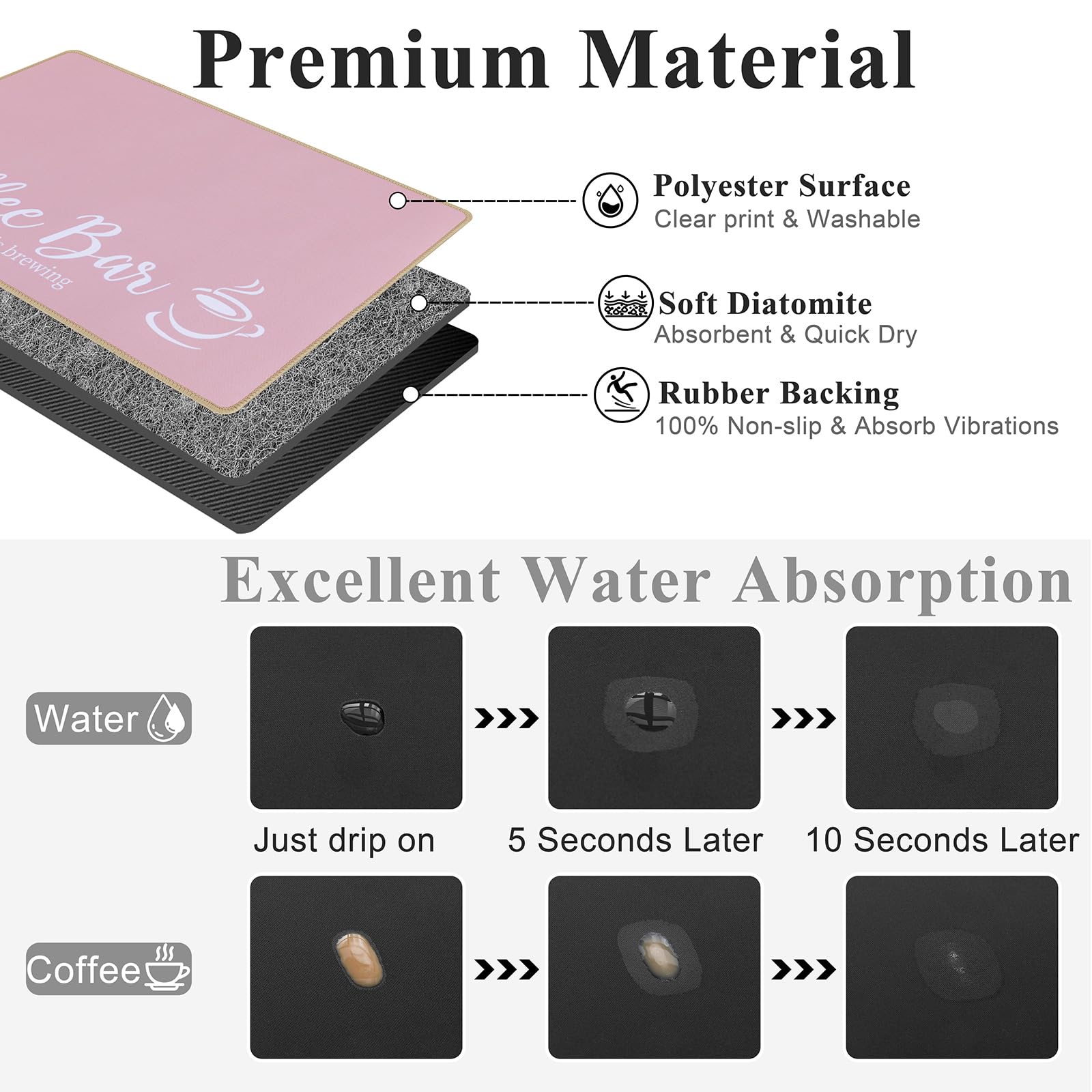 SHACOS Coffee Mat 2 Pack 12x19 Inch Absorbent Non Slip Rubber Bar Accessories Coffee Maker Mat for Countertop Dish Drying Mat Heat Resistant, Pink - Image 3