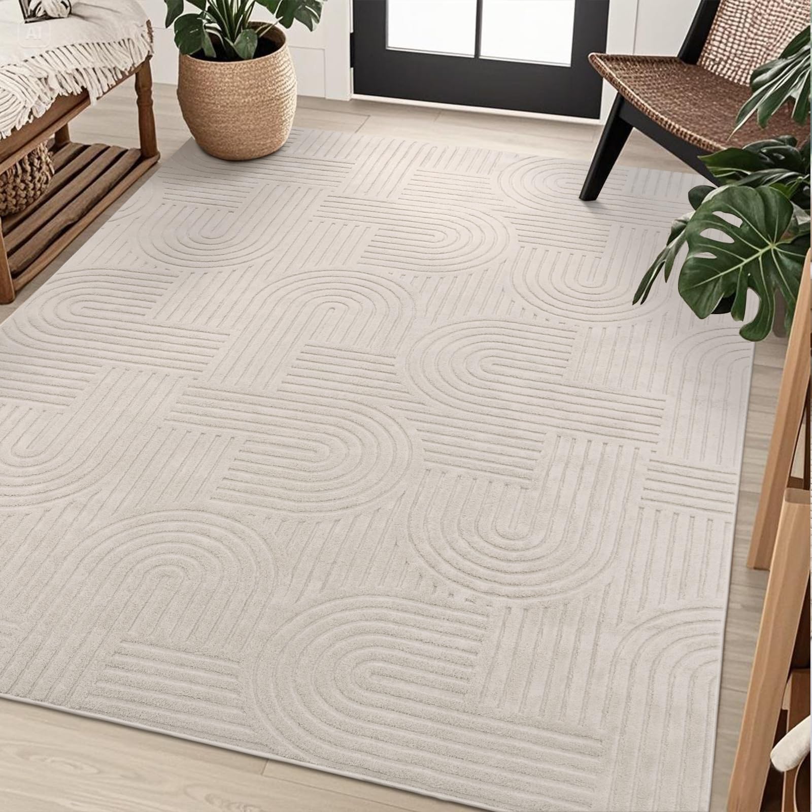 SHACOS Soft Cozy Fluffy Arch Pattern High-Low Pile Textured Area Rug 5'3"x7'3" Non Slip Washable Modern Geometric Rug Stain Resistant Contemporary Carpet for Living Room Bedroom Dining Room, Beige - Image 6